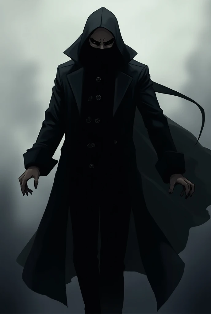 Draw a black figure with a crown in the shadow with the face with a mask with an evil smile