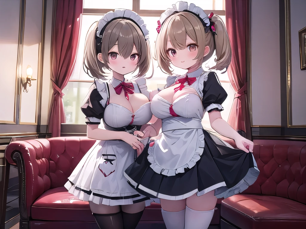 2Girls, ,, Twin tail hair, short hair、Light brown hair, Brown eyes, Center of chest, Highest quality, High resolution, Very detailed, Detailed Background, Perfect lighting、Inside the maid café、Are standing,Holding an omelet,Put on the table,Cute maid outfit、very cute,Huge Breasts,Cute eyes,Puffy eyes,smile,Exposing the breasts、Bare your breasts、Nipples、pussy,pussy juice、 blushes、Embarrassing、foot、Black knee-highs、Absolute territory