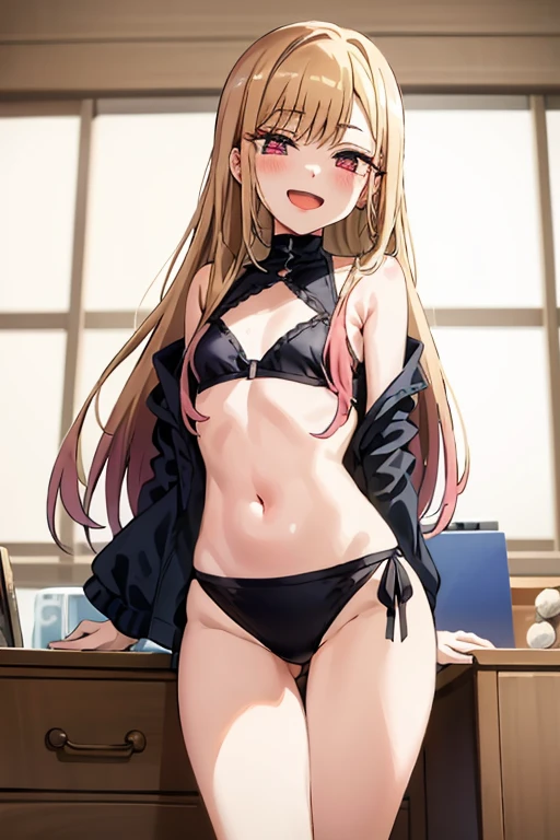 ((Best Quality)), ((masterpiece)), (be familiar with),  perfect face, indoor, bedroom,  watching viewers,
One woman, Kitagawa Marin,
Open Mouth, Ecstatic expression, blush, smile,
Small breasts,  flat chest, , , , Girl,
Long Hair,  long hair,
Leg spread,