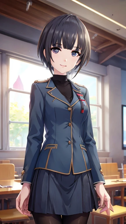 CG, Unity, 8k, wallpaper, Best Quality, masterpiece,  1 girl,  flight attendant,  cowboy shot, standing,  Staring at Viewers , Wavy, (smile: 1.2),  opens her mouth, Navy Blue Uniform,  tight short skirt , (Thin pantyhose), Thighs,  Best Lighting, Complex pupil, Complex weaving,  Realistic Skin Texture ,  detailed background, There's a passenger plane behind her, (At the airport), Look at the sky