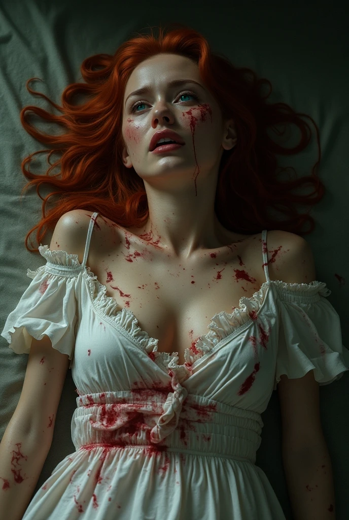 It will generate for me a beautiful girl with long, beautiful blond hair. Who was shot in the stomach and with pain I try to stop the blood by pressing the wound with my hands. You can see fear and pain on her face..