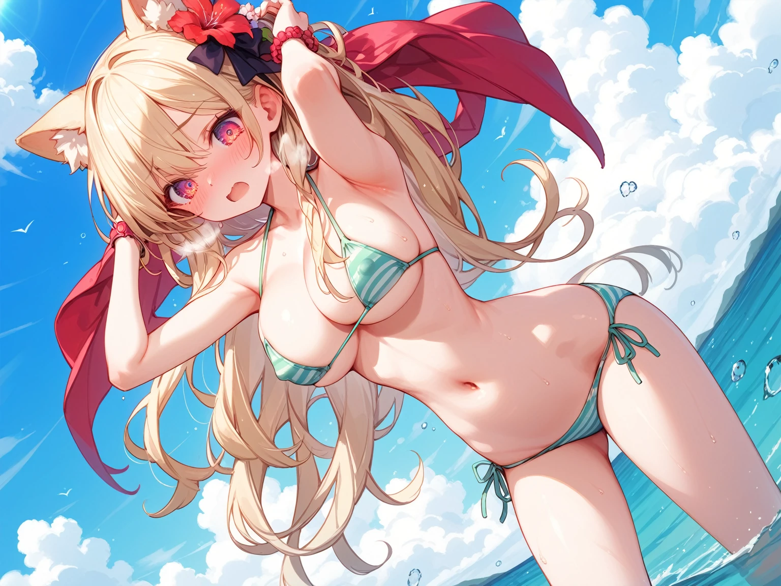 (masterpiece:1.2), (highest quality:1.2), Perfect Eyes, Perfect Face, no background, Sandy Beach, desert, 1gboy, ((((white micro bikini)))), Blonde, Noble long hair, Medium Hair, Blue eyes,   , open mouth, front, arms behind head, (sweat:1.2), (Sleepy eyes:1.4), (grin), eyes closed , fang, Sparkling, Particles of light, abs, Dynamic Pose