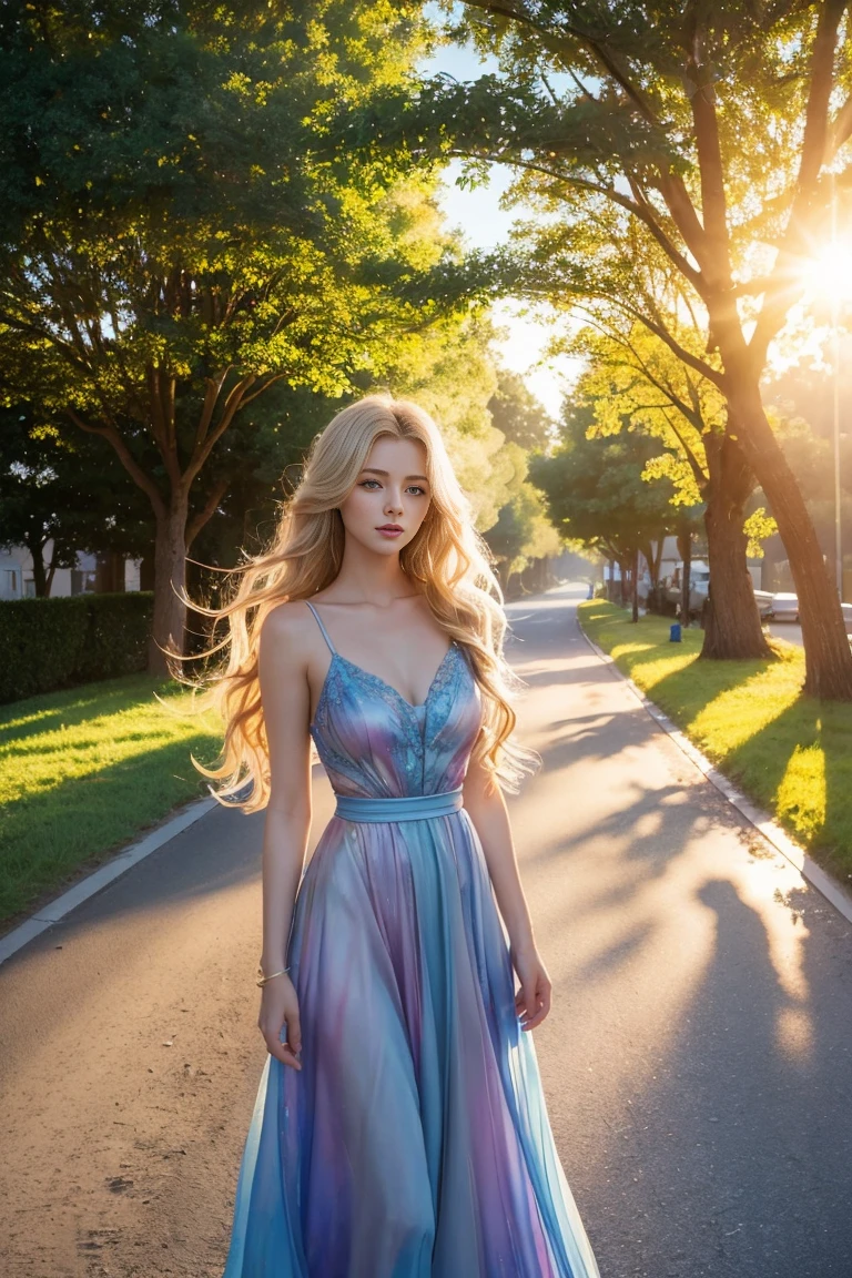blond woman in blue dress, standing with a cute smile on her face, full body, dakota fanning, soft portrait shot 8 k, female portrait, james jean soft light 4k, james jean soft light 4 k, a still of an ethereal