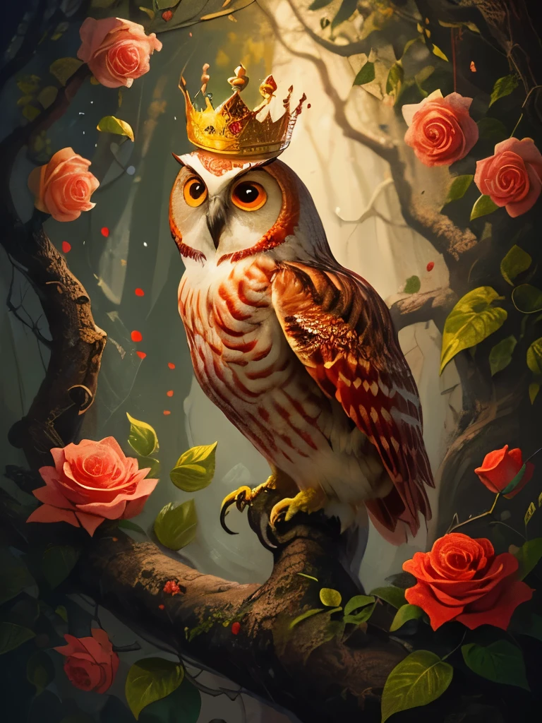 a red owl with a crown sits on a branch surrounded by roses, a detailed painting by Yang J, trending on cg society, baroque, radiant owl, detailed beautiful animals, glowing owl, cute owl, rich colour and detail, red and golden color details, rich red colors, gorgeous art, full of colors and rich detail, the wisest of all owls