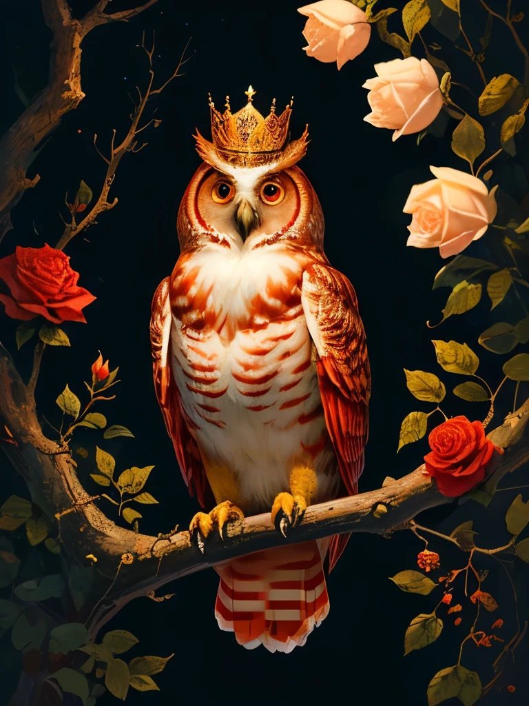 a red owl with a crown sits on a branch surrounded by roses, a detailed painting by Yang J, trending on cg society, baroque, radiant owl, detailed beautiful animals, glowing owl, cute owl, rich colour and detail, red and golden color details, rich red colors, gorgeous art, full of colors and rich detail, the wisest of all owls