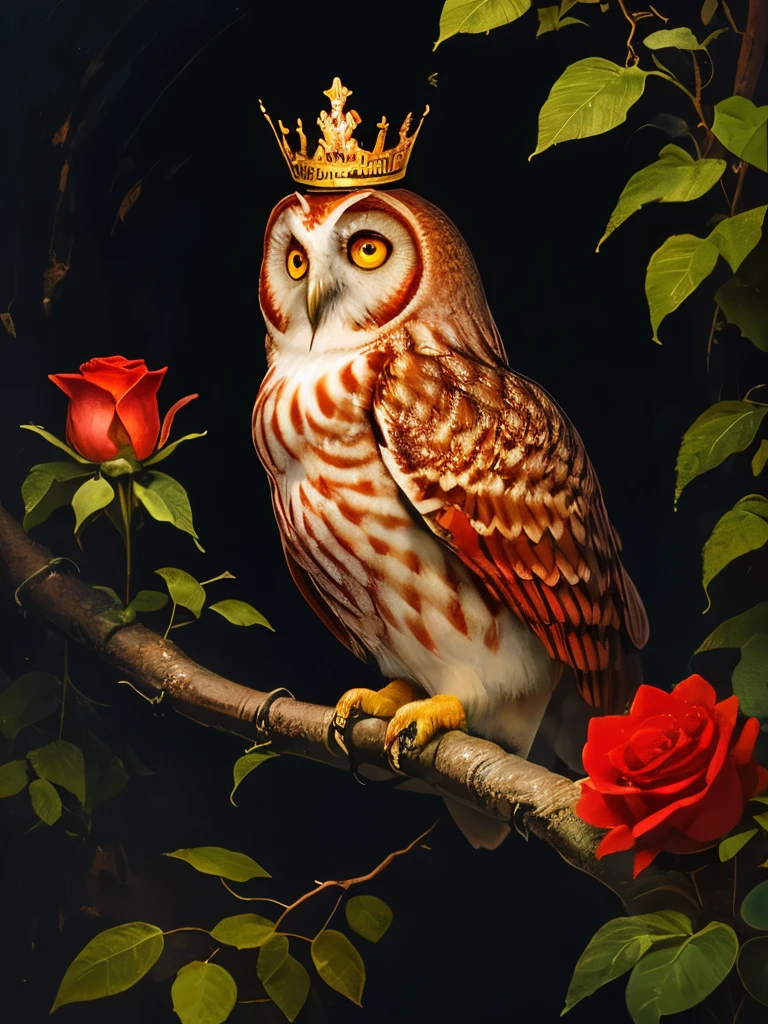 a red owl with a crown sits on a branch surrounded by roses, a detailed painting by Yang J, trending on cg society, baroque, radiant owl, detailed beautiful animals, glowing owl, cute owl, rich colour and detail, red and golden color details, rich red colors, gorgeous art, full of colors and rich detail, the wisest of all owls