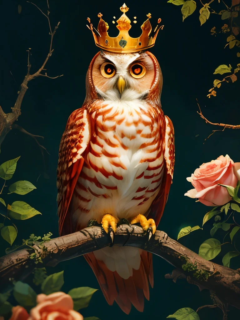 a red owl with a crown sits on a branch surrounded by roses, a detailed painting by Yang J, trending on cg society, baroque, radiant owl, detailed beautiful animals, glowing owl, cute owl, rich colour and detail, red and golden color details, rich red colors, gorgeous art, full of colors and rich detail, the wisest of all owls