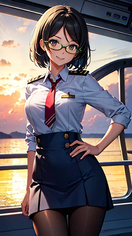 CG, Unity, 8k, wallpaper, Best Quality, masterpiece,  1 girl,  flight attendant,  cowboy shot, standing,  Staring at Viewers , Wavy, (smile: 1.2),  opens her mouth, Navy Blue Uniform,  tight short skirt , (Thin pantyhose), Thighs,  Best Lighting, Complex pupil, Complex weaving,  Realistic Skin Texture ,  detailed background, There's a passenger plane behind her, (At the airport), Look at the sky,Green Frame_Glasses,{Kirishima_ fleet this is:1.15}, short_hair,