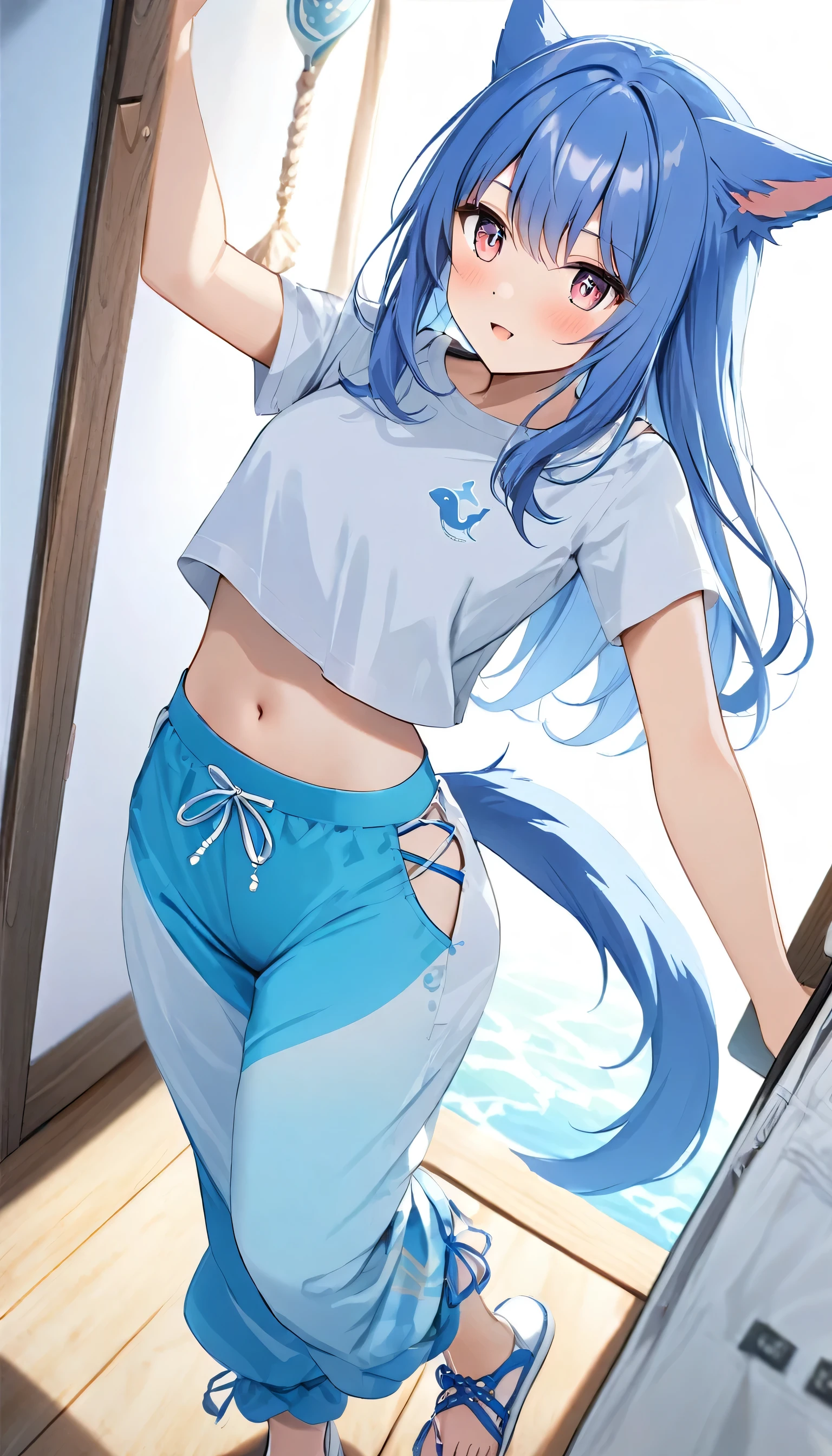 (Masterpiece) (High Detail) (High Res) A short petite humanoid girl with skin and blue eyes and long blue hair and blue dog ears and a big fluffy dog tail and average breasts and a large thick cock is wearing leggings and a t-shirt, and is tenting her leggings.