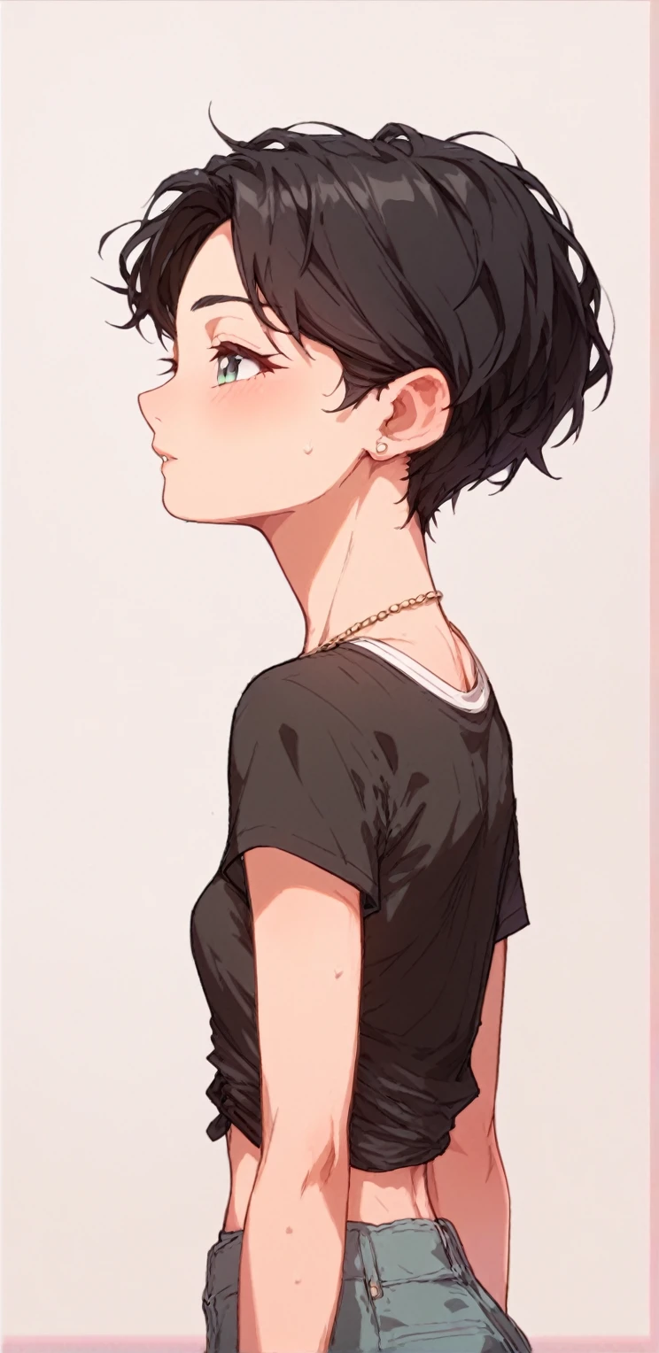 A teenager,  Brazilian black hair, wearing a black shirt,