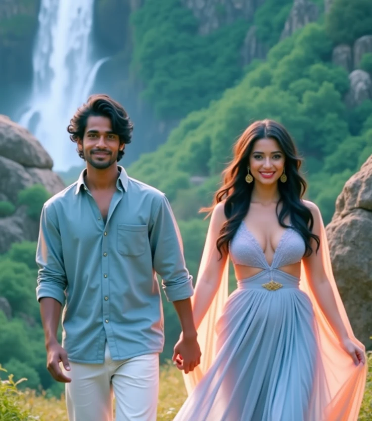 realistic indian 19 Year old cute boy lifting body and 15 year beutifull girl smile in chest to chest in Water with boy wearing black shirt on the river with sunday an water and a on girl wearing green lehenga with  swimming pool background , in shirt written name “Raghav" features, loveng mood, realistic