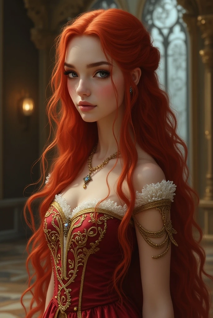 Chubby redhead woman with freckles wearing red Victorian dress with corset, with Aristocrat glasses l