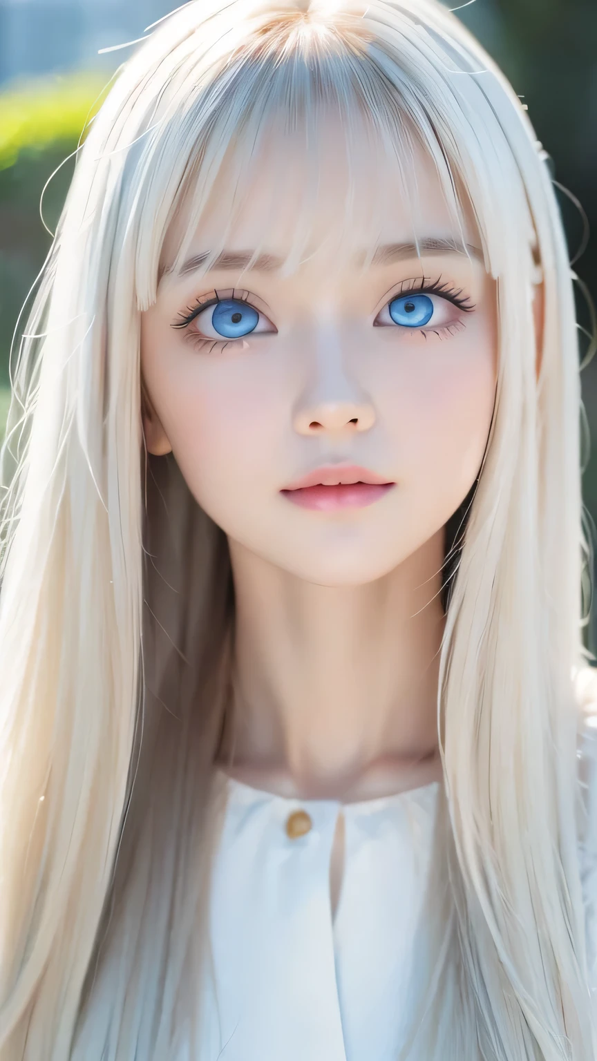 very beautiful face、long bangs fluttering in front of the face 、Beautiful mysterious incredibly bright pale light blue eyes hidden in the hair 、 very cute face and very radiant skin 、Pure white beautiful skin、 very beautiful super bright pale light blue eyes 、 beautiful very long super long straight silky pale golden shiny platinum blonde hair、cute very beautiful woman 、Round face、Such a cute little face、Bright expression、 big eyes with clear double eyelids 、Eyeliner、Round face、Cheek Gloss Skin、Bangs above the eyes、Bangs above the face、Bangs between the eyes