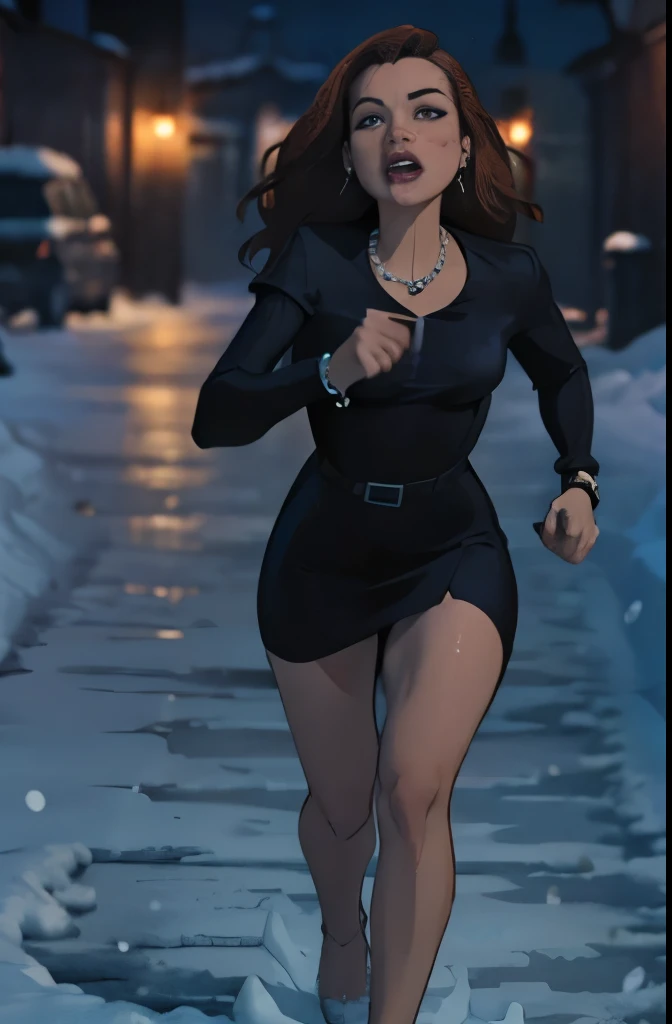 Masterpiece, Best Quality, girl 22 years old running through the night city, through snowdrifts, bare footed, aged, red hair wavy,crystal blue eyes, Medium-length hair without styling, Snow on wet hair, torn, Dirty, Bloodstained Short Long Sleeve Dress, Bracelet on the left wrist, necklace around the neck, Running through a snowy streets barefoot in deep snow (The snow is almost knee-deep). In the middle of a winter forest, Looking Ahead, Snowy city streets, It's cold, snowing, beautiful face, Freezes, Lips turn blue, Thin body, shapely legs, steam from the mouth, stunned, frightened look, Deep Snow, Snowflakes fall, The body turns red, Cold, teardrops, hysterics, dread, The dress is torn, bruises, abrasions and bruises on the legs and face, (YES NSFW)