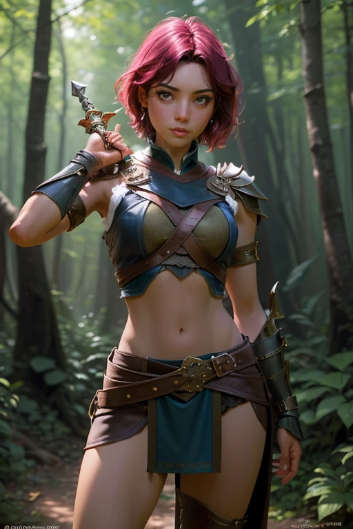 Create an image of a female character in a fantastic adventure setting.. Ella debe ser una guerrera valiente., wearing practical and resistant armor, with a sword drawn in a pose of determination. Your short hair should have a unique and vibrant color., como fuego rojo, And he should have expressive eyes that reflect his determination..

Put her in a magical forest environment., with tall trees and lush foliage everywhere. Make sure the image captures your strength and confidence., sin elementos sensuales. Your focus should be on the portrayal of a fearless and brave heroine...