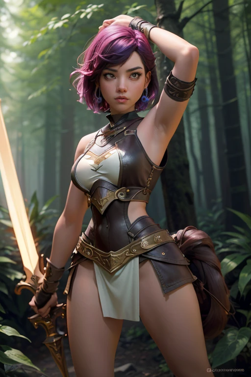 Create an image of a female character in a fantastic adventure setting.. Ella debe ser una guerrera valiente., wearing practical and resistant armor, with a sword drawn in a pose of determination. Your short hair should have a unique and vibrant color., como fuego rojo, And he should have expressive eyes that reflect his determination..

Put her in a magical forest environment., with tall trees and lush foliage everywhere. Make sure the image captures your strength and confidence., sin elementos sensuales. Your focus should be on the portrayal of a fearless and brave heroine...