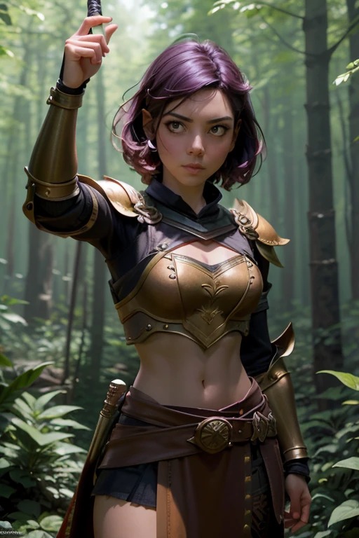 Create an image of a female character in a fantastic adventure setting.. Ella debe ser una guerrera valiente., wearing practical and resistant armor, with a sword drawn in a pose of determination. Your short hair should have a unique and vibrant color., como fuego rojo, And he should have expressive eyes that reflect his determination.. Put her in a magical forest environment., with tall trees and lush foliage everywhere. Make sure the image captures your strength and confidence., sin elementos sensuales. Your focus should be on the portrayal of a fearless and brave heroine...