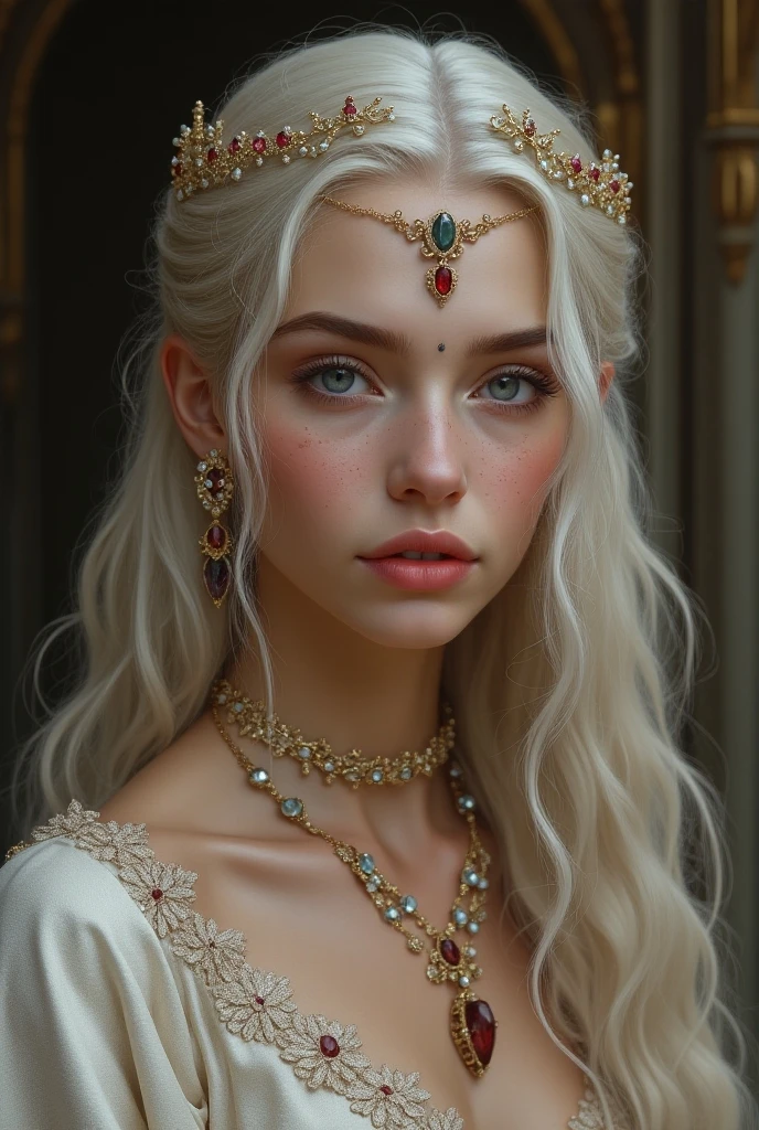 full body, ultra realistic 8k cg, perfect face, flawless,  masterpiece, professional artwork, famous artwork, cinematic lighting, cinematic bloom, perfect face, beautiful face, beautiful eyes, ((perfect female body, narrow waist)), white hair, red eyes, royal, divine, goddess, godlike, (royal palace), fantasy, dreamlike, unreal, science fiction, huge breasts, lace, lace trim, lace-trimmed legwear, breasts out, absurdly long hair, very long hair, (rich:1.4), prestige, emerald, intricate detail, delicate pattern, charming, alluring, enchanting, hair ornament, necklace, earrings,