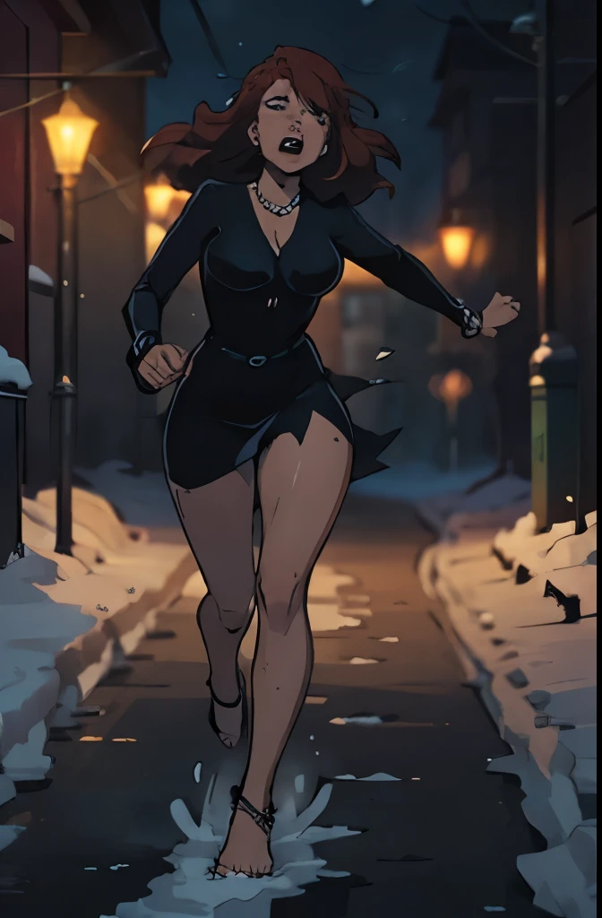 Masterpiece, Best Quality, girl 22 years old running through the night city, through snowdrifts, bare footed, aged, red hair wavy,crystal blue eyes, Medium-length hair without styling, Snow on wet hair, torn, Dirty, Bloodstained Short Long Sleeve Dress, Bracelet on the left wrist, necklace around the neck, Running through a snowy streets barefoot in deep snow (The snow is almost knee-deep). In the middle of a winter forest, Looking Ahead, Snowy city streets, It's cold, snowing, beautiful face, Freezes, Lips turn blue, Thin body, shapely legs, steam from the mouth, stunned, frightened look, Deep Snow, Snowflakes fall, The body turns red, Cold, teardrops, hysterics, dread, The dress is torn, bruises, abrasions and bruises on the legs and face, (YES NSFW)