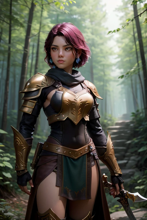 Create an image of a female character. Ella debe ser una guerrera valiente., wearing practical and resistant armor, with a sword drawn in a pose of determination. Your short hair should have a unique and vibrant color., como fuego rojo, And he should have expressive eyes that reflect his determination.. Put her in a magical forest environment., with tall trees and lush foliage everywhere. Make sure the image captures your strength and confidence.