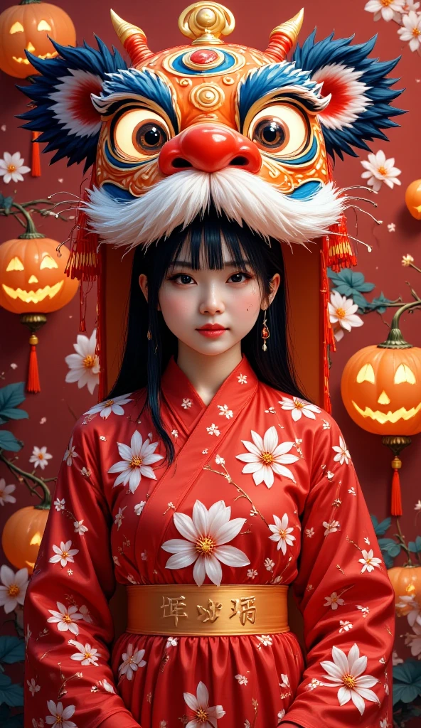 Large Peking Opera facial mask pattern background,simple atmosphere,funny pumpkin lantern carved lion headdress dress up,Chinese beautiful girl,cute and cute,girl Peking Opera facial makeup style,naughty and funny posture,small gourd waist hanging around the waist,small gourd waist showing auspicious clouds and thunder lines outline the "福" word carving,luminous particles,flowing light and shadow,movie feature,texture panorama,masterpiece,depth of field,ultra high definition,extreme detail,visual blockbuster,global illumination,