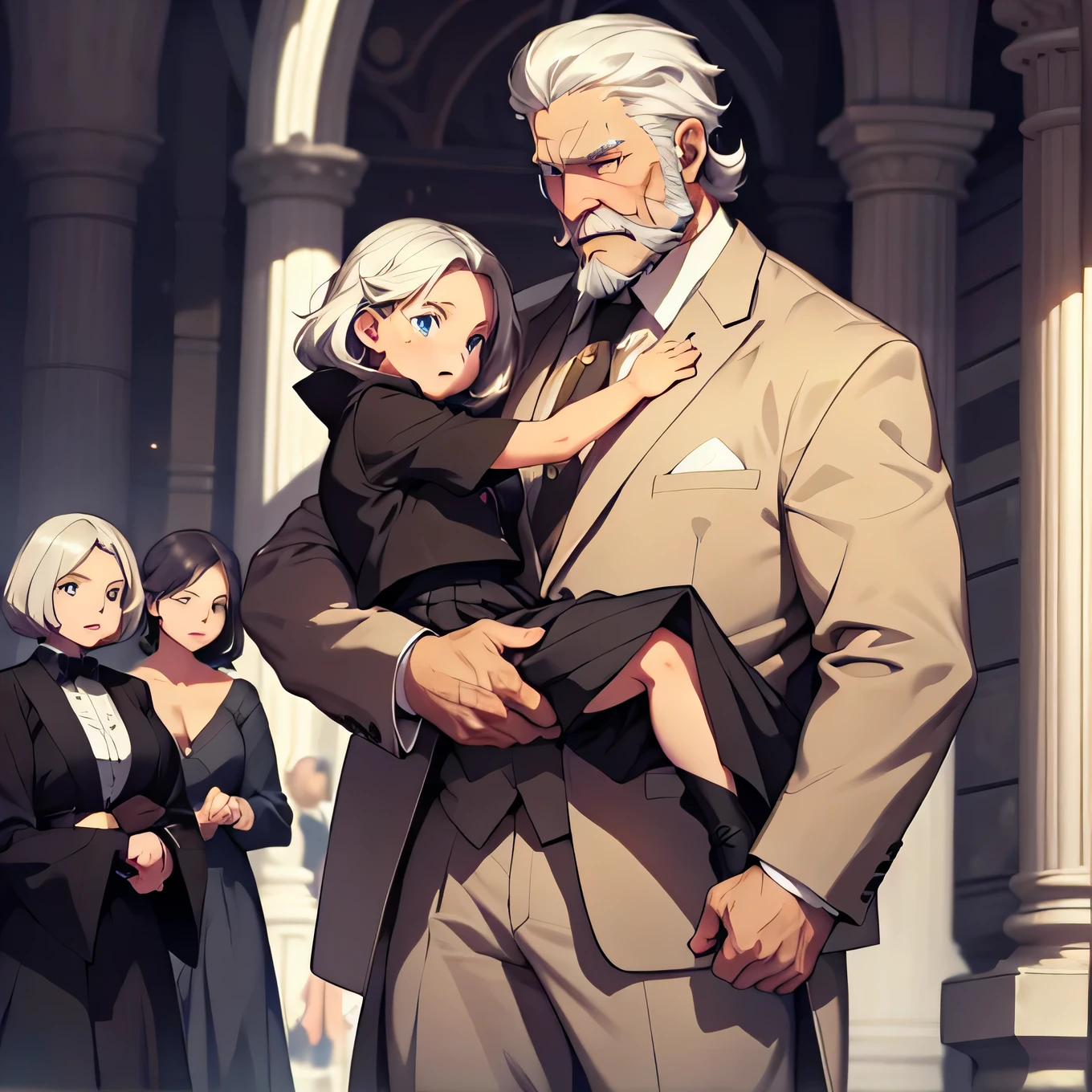 8k,Middle-aged man,Long white hair,White beard,Wear a suit,Standing,Sad look , carrying a girl , a  wearing a skirt,