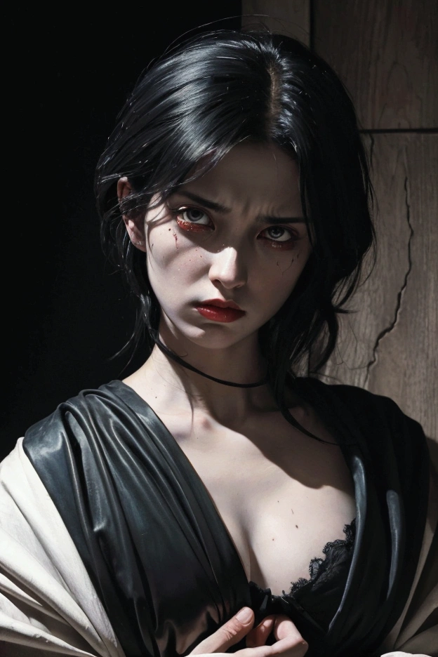 corpse, sinister, female, thin, pale, looking at the camera, ultra realistic, fully detailed, cemetery environment, bright eyes, stained with blood, bones exposed, putrid wounds, sensual, terrifying, bruised by the body, exposed fracture in the collarbone, slight smile, super detailed, white short hair, blood and wounds, stab wounds on body, dirty clothes