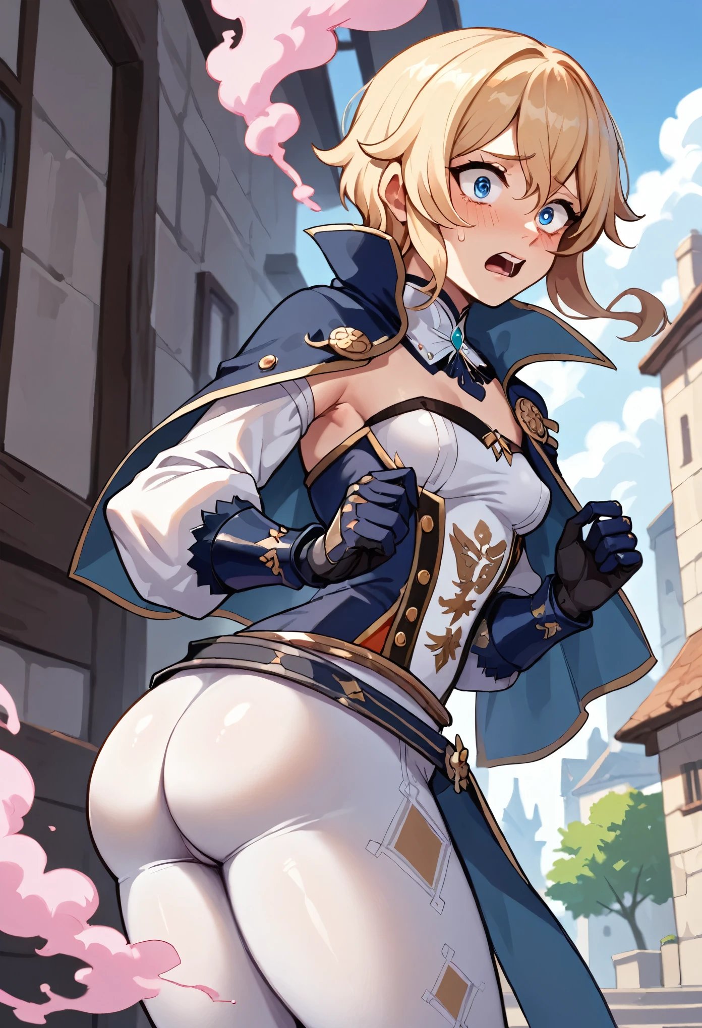 score_9, score_8_up, score_7_up, 1boy, solo, male focus, small breasts, (male:1.5), androgynous, jean \(genshin impact\), jean def, blue eyes, blonde hair, medium hair, black gloves,detached collar,blue capelet, tight pants, expansion butt, from behind, standing, shocked, teeth, shaking, mist, ((pink smoke)), grabbing breasts, looking down, fantasy city, white buildings, medieval city,