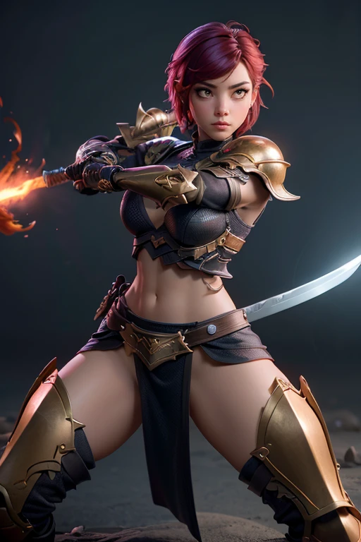  Create the image of a female character .  She must be a courageous warrior .,  wearing practical and resistant armor ,  with a sword drawn in a pose of determination .  Her short hair must have a unique and vibrant color ., like red fire ,  And she must have expressive eyes that reflect her determination. 
 Make sure that the image captures her strength and confidence .