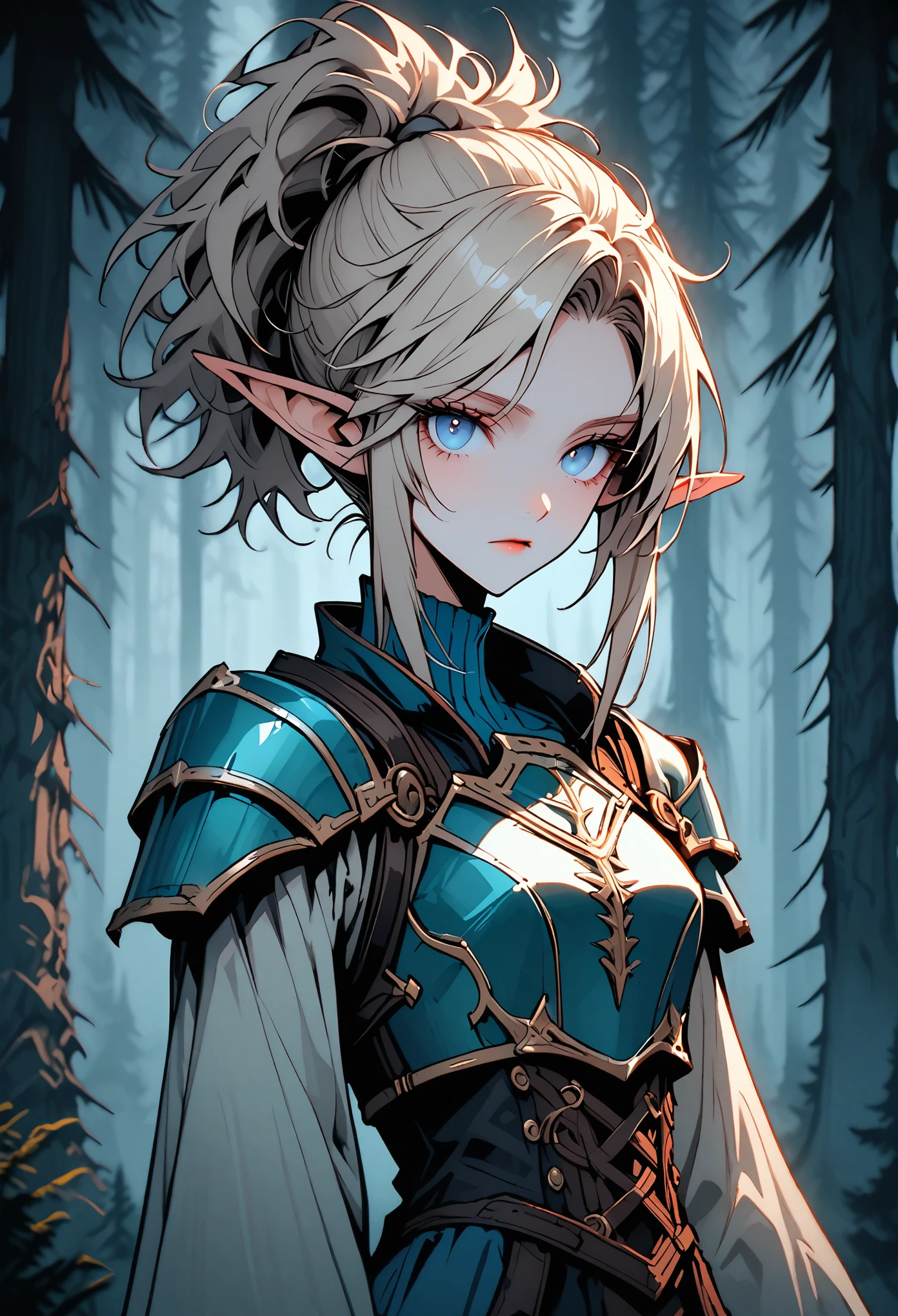 solo, female, close up, cowboy shot, tall female, messy hair, very short hair, spiky hair, swept back hair, platinum blonde, pointed ears, dandere, long neck, slender, icy blue eyes, simple armor, long arms, cold, sparse pine forest, contemplative, looking at viewer, spiky hair, traveling, victorian era:0.3, chest plate, traveler, spear, equipment, elf girl, small ponytail