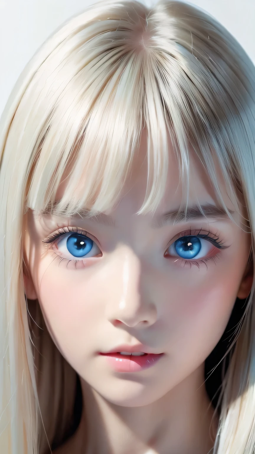 very beautiful face、long bangs fluttering in front of the face 、Beautiful mysterious incredibly bright pale light blue eyes hidden in the hair 、 very cute face and very radiant skin 、Pure white beautiful skin、 very beautiful super bright pale light blue eyes 、 beautiful very long super long straight silky pale golden shiny platinum blonde hair、cute very beautiful woman 、Round face、Such a cute little face、Bright expression、 big eyes with clear double eyelids 、Eyeliner、Round face、Cheek Gloss Skin、Bangs above the eyes、Bangs above the face、Bangs between the eyes