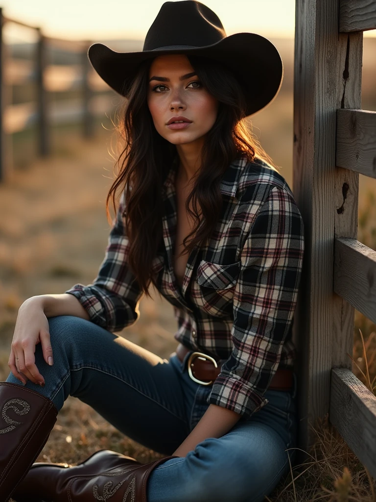 1 woman, 18 years old, dark brown, curly hair , blue eyes , Sly face , red plaid shirt , big breasts, cowboy jeans, Long legs , stretch , boots.