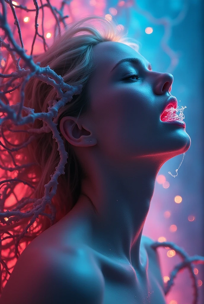 full body shot of an albino woman with transparent skin, glowing pink neon skeleton visible through the translucent dress in dark woods at night by James Jean and Hajime Sorayama, soft misty light --ar 4:5 --v 6.0