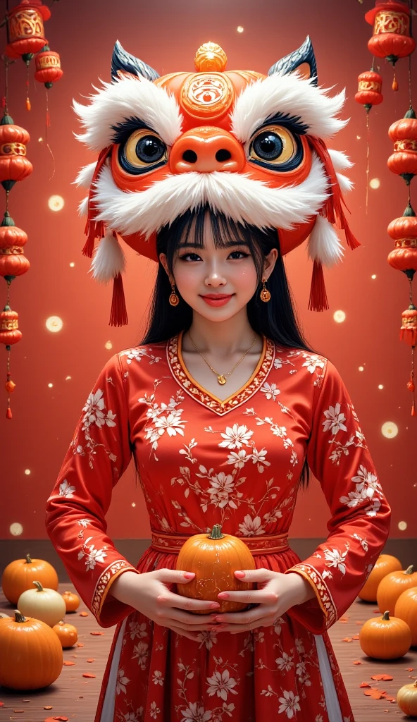 Large Peking Opera facial mask pattern background,simple atmosphere,funny pumpkin lantern carved lion headdress dress up,Chinese beautiful girl,cute and cute,girl Peking Opera facial makeup style,naughty and funny posture,small gourd waist hanging around the waist,small gourd waist showing auspicious clouds and thunder lines outline the "福" word carving,luminous particles,flowing light and shadow,movie feature,texture panorama,masterpiece,depth of field,ultra high definition,extreme detail,visual blockbuster,global illumination,