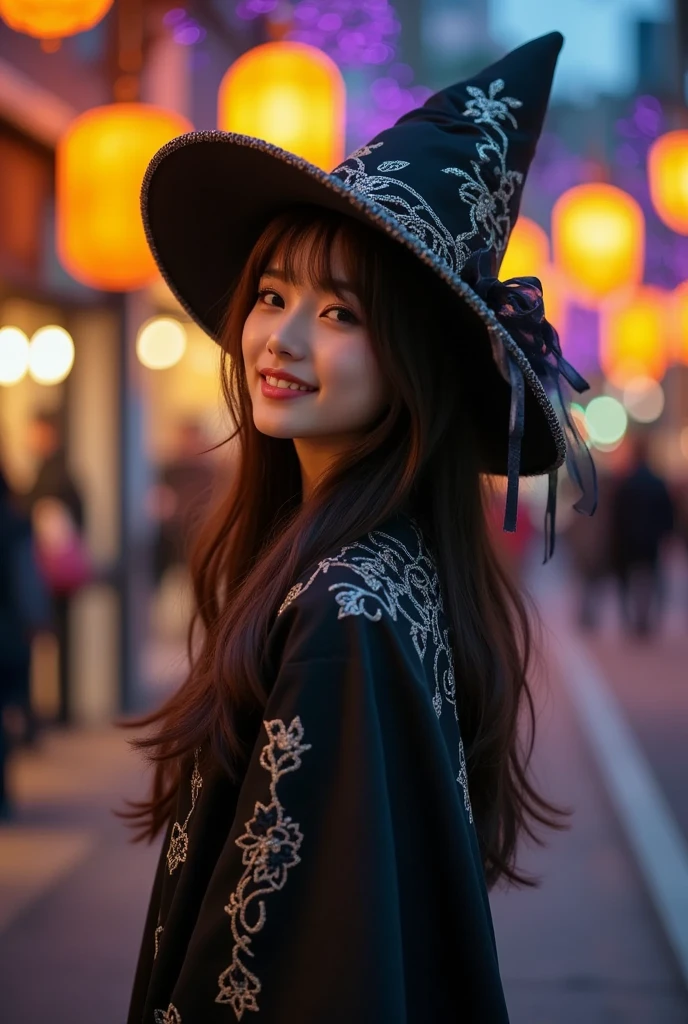  A professional photo shoot of a beautiful woman , A city decorated with orange and purple Halloween decorations I'm visiting., She's standing in a relaxed pose ., She has an attractive figure ., She's wearing an elegant witch costume ., The witch hat she wears has delicate silver thread embroidery ,  And her witch costume has the same embroidery .,She is Japanese, Her long dark brown hair is so beautiful .,Creating Bangs,Her eyes are deep and clear ., She's smiling at viewers , natural makeup,Freckles,Focus on reality,Beautiful light and shadow,Autumn Night,Background blur, depth of field,Bokeh effect,Glitter Effect