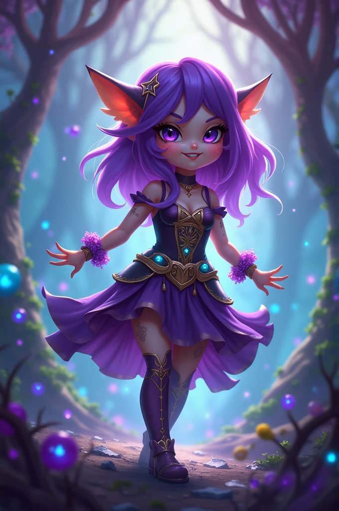 Tiefling with purple skin wooden horns. Donkey ears long Pink hairs with Blue Highlights and glowing Green eyes wearing black top and Black skirt there are some traces of magic floating around her she is in a forest