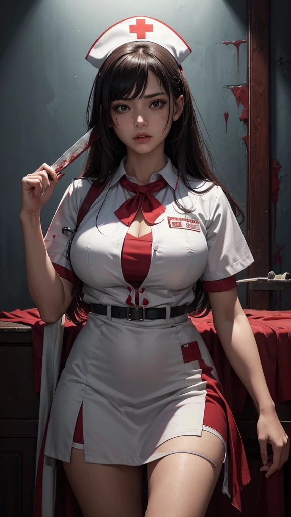 young 15yo woman on a table in a class room, dressed as a latex nun ,red black latex bikiny, horny smile,huge breast, full nude figure, muscle figure, red octane render, candle lamp lighting, baroque, european, mandala, side view from below, anatomically correct, big full breasts, busty, horny, spread legs wide, muscle body, super detailed.