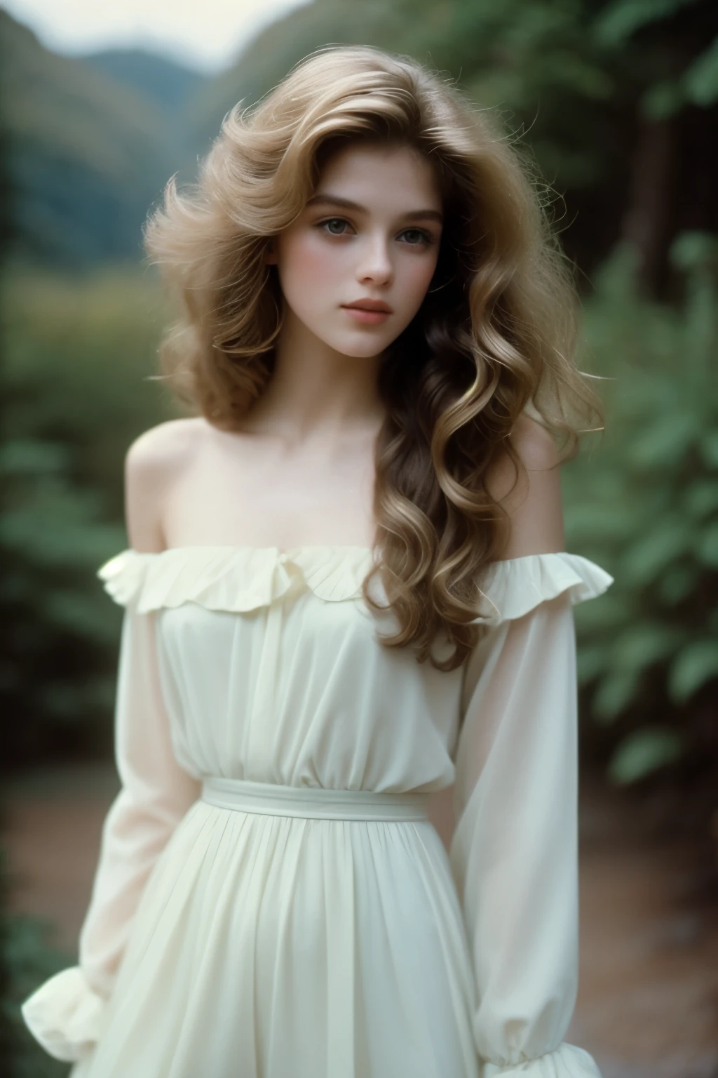 very beautiful girl, supermodel like feature, wavy Hair with highlights, 1985 quiet luxury fashion style, pale skin, film analog, grainy film
