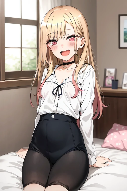 ((Best Quality)), ((masterpiece)), (be familiar with),  perfect face, indoor, bedroom,  watching viewers,
One woman, Kitagawa Marin,
Open Mouth, Ecstatic expression, blush, smile,
Small breasts,  flat chest, , , , Girl,
Long Hair,  long hair,
Leg spread,