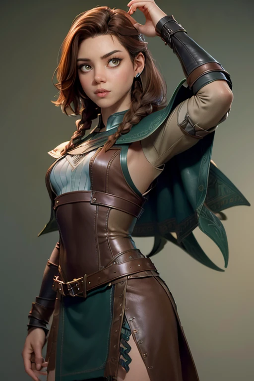 (  masterpiece  ,  The best quality  ) ( young warrior of Nordic descent ), (green eyes), ( muscular shirt ), ( leather skirt ), ( brown hair color ),( loose hair with small braids on the scalp), ( strappy leather top ) feathers, shoulder cape , bufas, (blue suit,  gray and brown ).