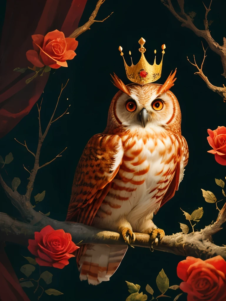 a red owl with a crown sits on a branch surrounded by roses, a detailed painting by Yang J, trending on cg society, baroque, radiant owl, detailed beautiful animals, glowing owl, cute owl, rich colour and detail, red and golden color details, rich red colors, gorgeous art, full of colors and rich detail, the wisest of all owls