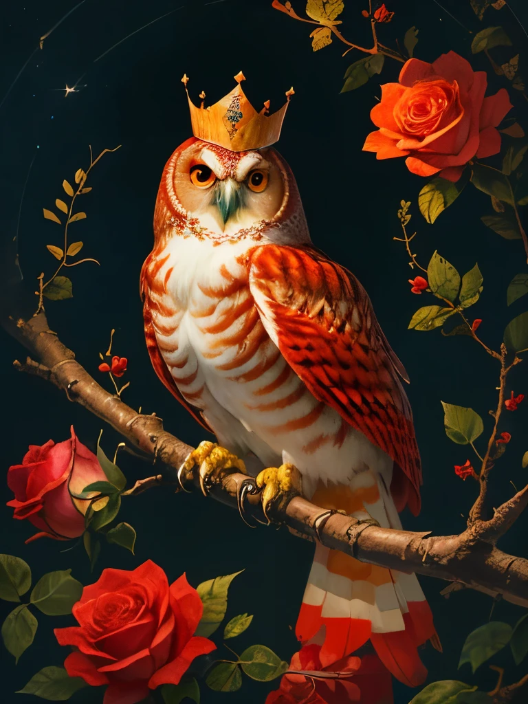 a red owl with a crown sits on a branch surrounded by roses, a detailed painting by Yang J, trending on cg society, baroque, radiant owl, detailed beautiful animals, glowing owl, cute owl, rich colour and detail, red and golden color details, rich red colors, gorgeous art, full of colors and rich detail, the wisest of all owls