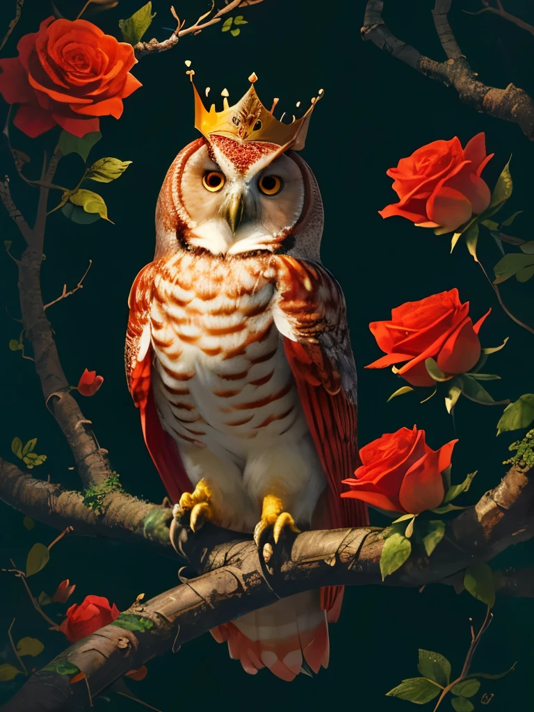 a red owl with a crown sits on a branch surrounded by roses, a detailed painting by Yang J, trending on cg society, baroque, radiant owl, detailed beautiful animals, glowing owl, cute owl, rich colour and detail, red and golden color details, rich red colors, gorgeous art, full of colors and rich detail, the wisest of all owls