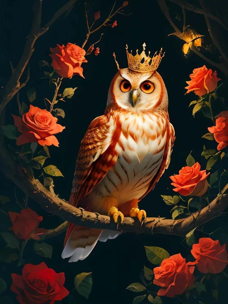 a red owl with a crown sits on a branch surrounded by roses, a detailed painting by Yang J, trending on cg society, baroque, radiant owl, detailed beautiful animals, glowing owl, cute owl, rich colour and detail, red and golden color details, rich red colors, gorgeous art, full of colors and rich detail, the wisest of all owls