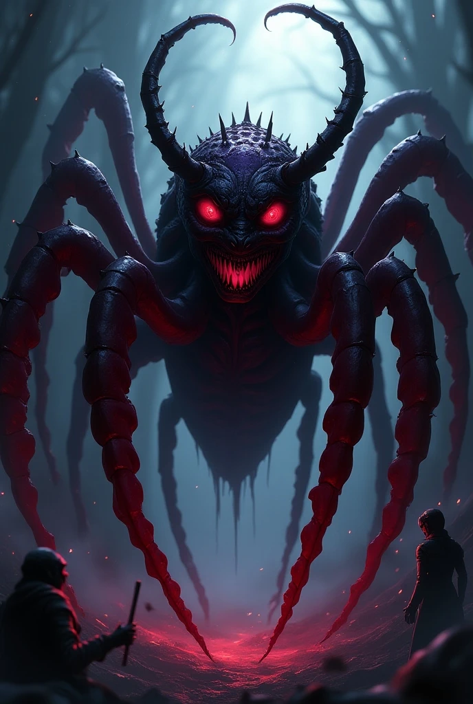 /image Create a detailed image of a monstrous creature with the body of a human and the head and features of an ant, complete with antennae, mandibles, and multi-faceted eyes red colour. The creature should appear both eerie and fascinating, with a textured exoskeleton and human-like musculature. Background red black, with full body and anime style . Fight other monster