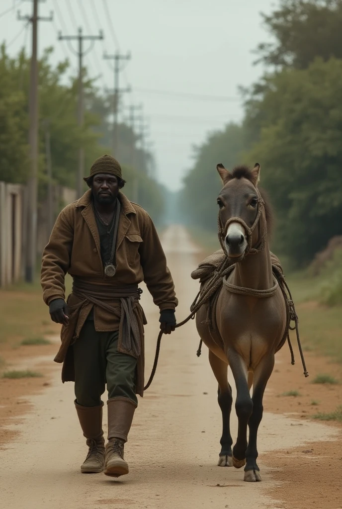 Create a field of sugarcane with black people with their white master on a horse watching them.
