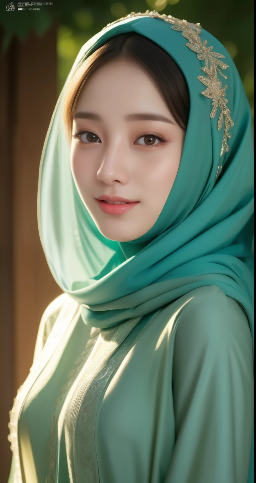 (best quality,4k,8k,highres,masterpiece:1.2),lips laugh, ultra-detailed,eyes detailed, face bright, face glow,(realistic,photorealistic,photo-realistic:1.37),17years old girl, (Big breasts), Pasmina hijab abaya,green hijab pasmina,asian korean beautiful girl girl,book,style sex +18,book,erotic Asian korean