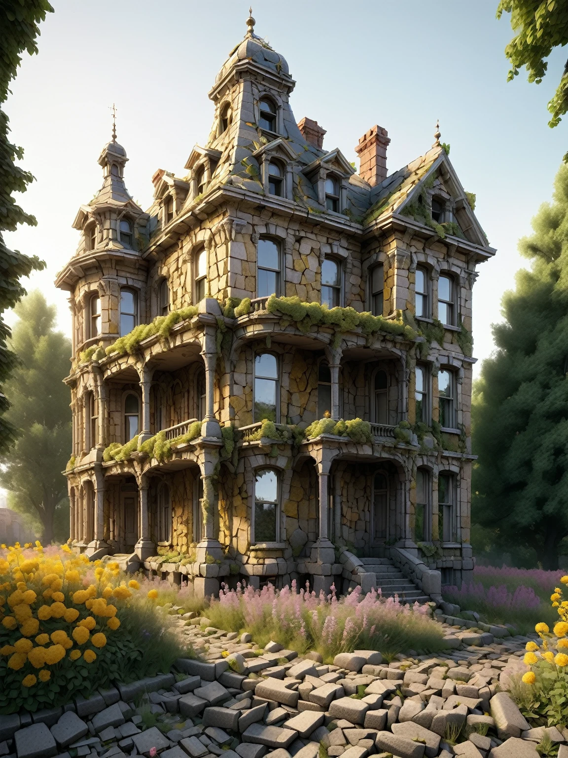  An abandoned Victorian mansion invaded by nature ,  with debris creeping up its crumbling walls and wild flowers blooming through the cracks of an ancient cobblestone road. The setting sun casts a golden hue on the scene .,  Highlighting the disturbing beauty of decay and the relentless power of nature that recovers human creations ., ( masterpiece :1.2),  The best quality , (hyperdetailed, more detailed:1.2),  high resolution textures 