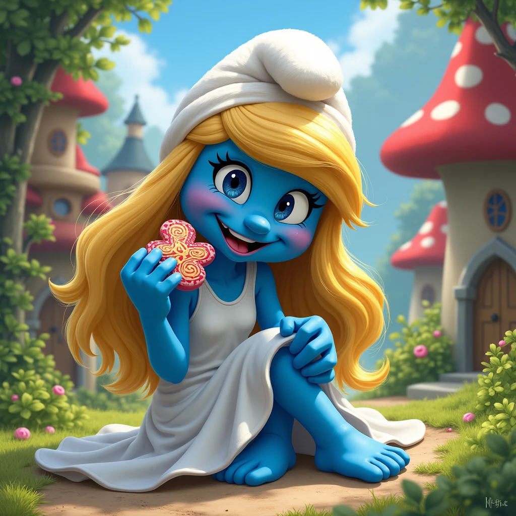 pov, smurfette, sitting, white dress, hat, white shoes, dick flash, penis, foreskin, blushing, blonde, blue skin
