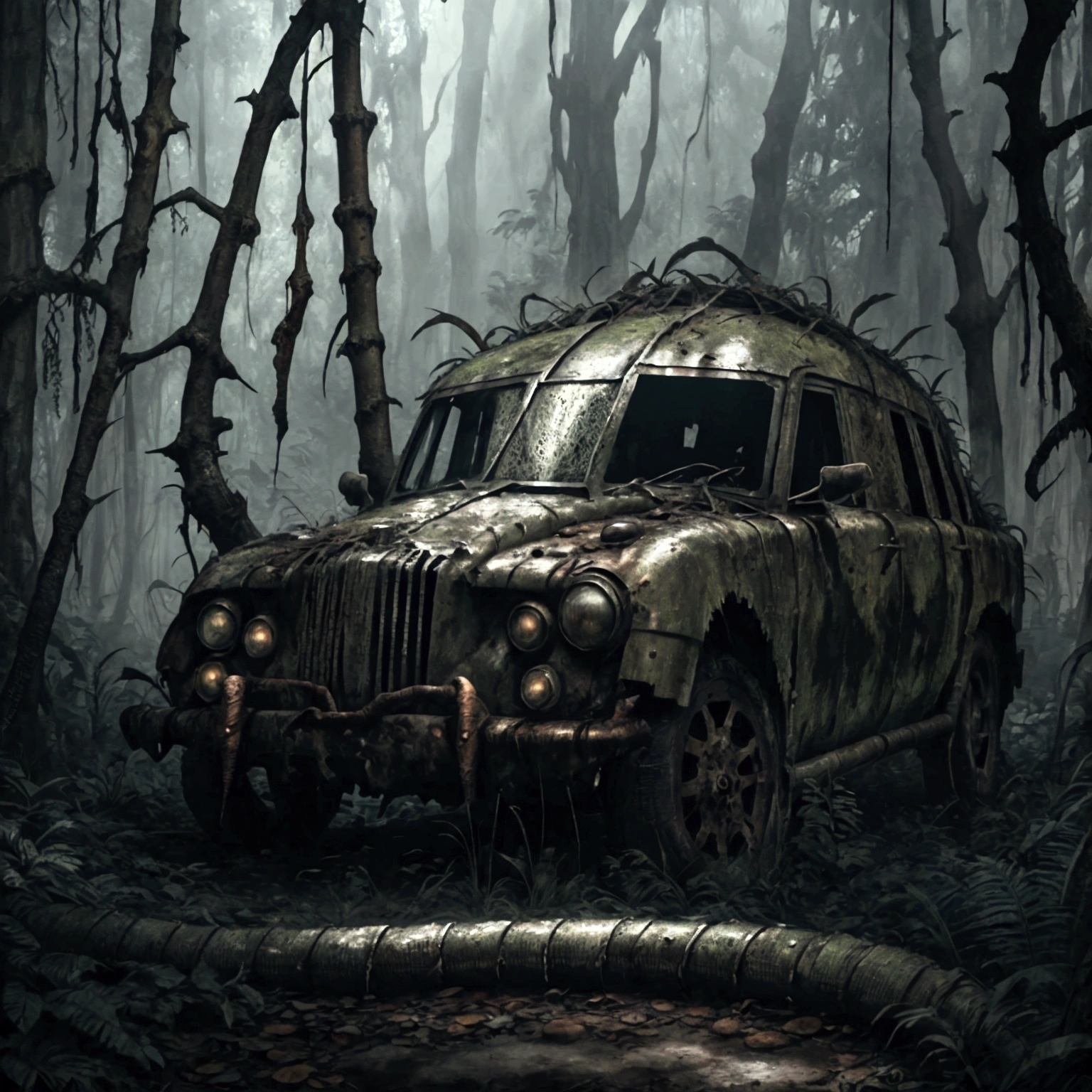 a rusting abandoned ship in a dense forest, highly detailed, 8K resolution, photorealistic, dramatic lighting, grungy atmosphere, overgrown plants, moss-covered hull, peeling paint, rust textures, snake scales, muscular python bodies, menacing glares, dramatic shadows, moody color palette, cinematic composition, masterpiece